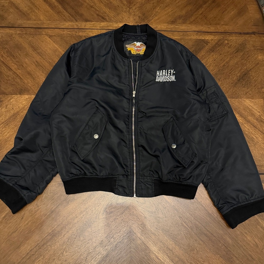 Vintage Harley Davidson Bomber Jacket Black Embroidered Bar & Shield XL USA Made